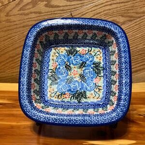Polish Stoneware Pottery Ceramic UNIKAT Square 1803 Blue Floral Nakoneczna Baker